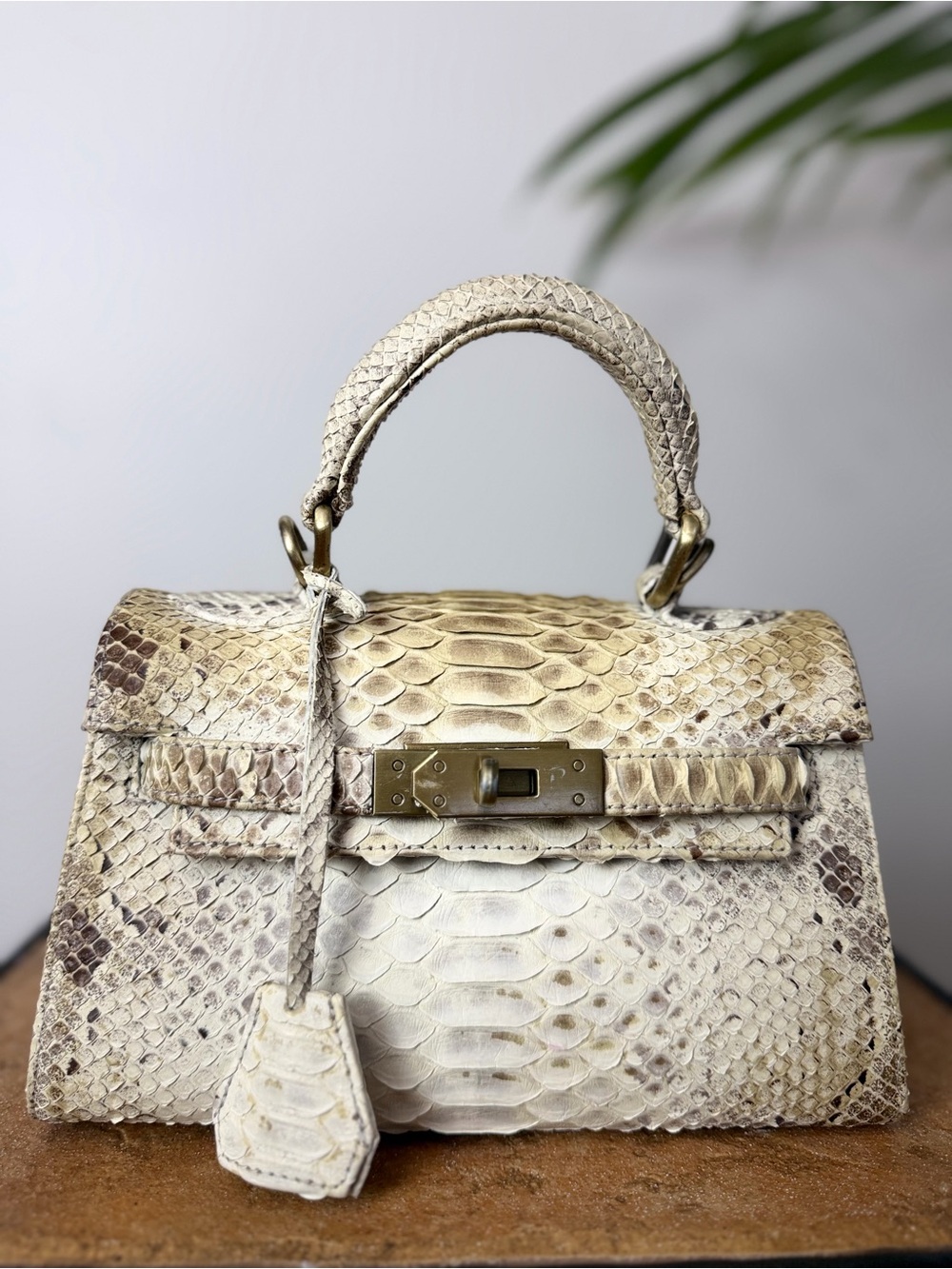 Genuine Python Leather Kelly Style Top Handle Bag Cream Ivory Snakeskin Satchel